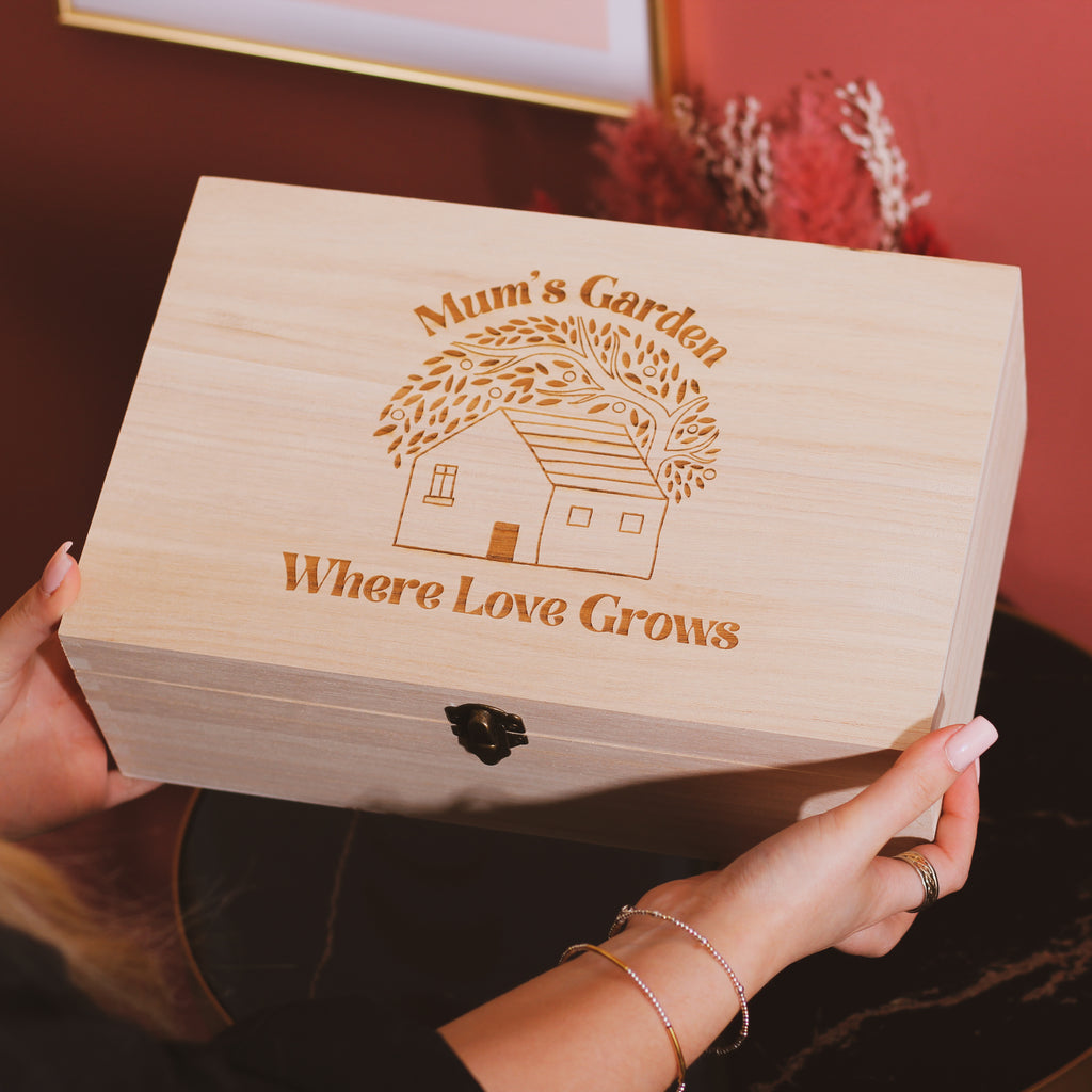 Personalised Garden Keepsake Box For Mum Or Grandma's Shed House And Tree Keepsake Box