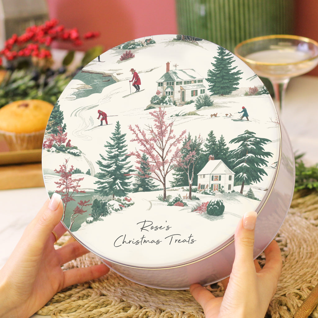 Personalised Winter Scene Christmas Cake Tin Gift For The Family Small And Large Bundle