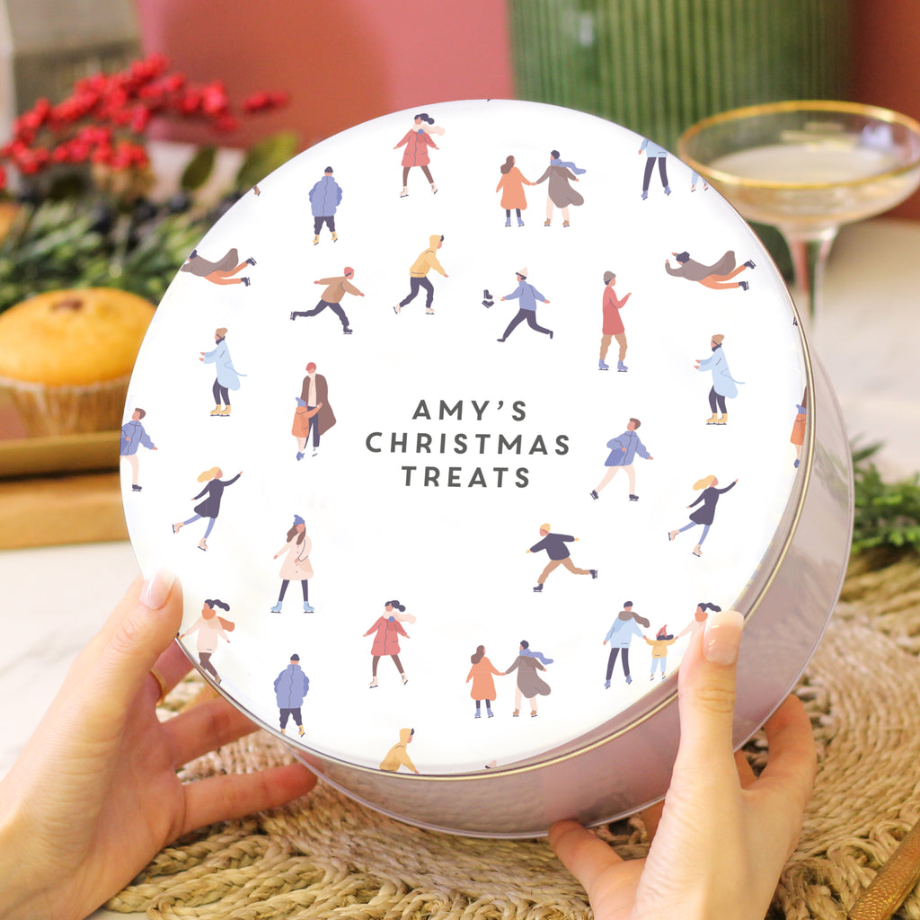 Personalised Christmas Ice Skating Pattern Cake Tin Gift For The Home Small And Large Bundle