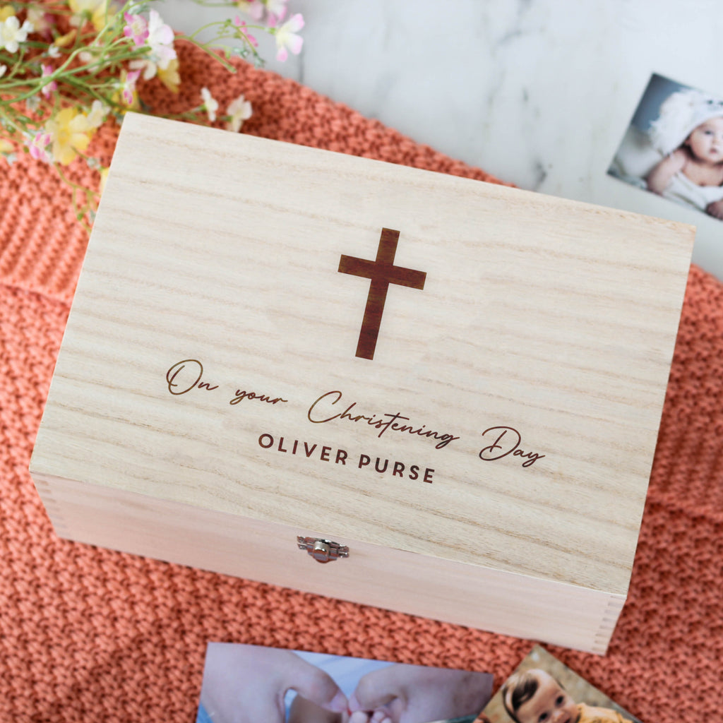 Personalised Christening Keepsake Box Gift For Baby Or Child With Engraved Cross