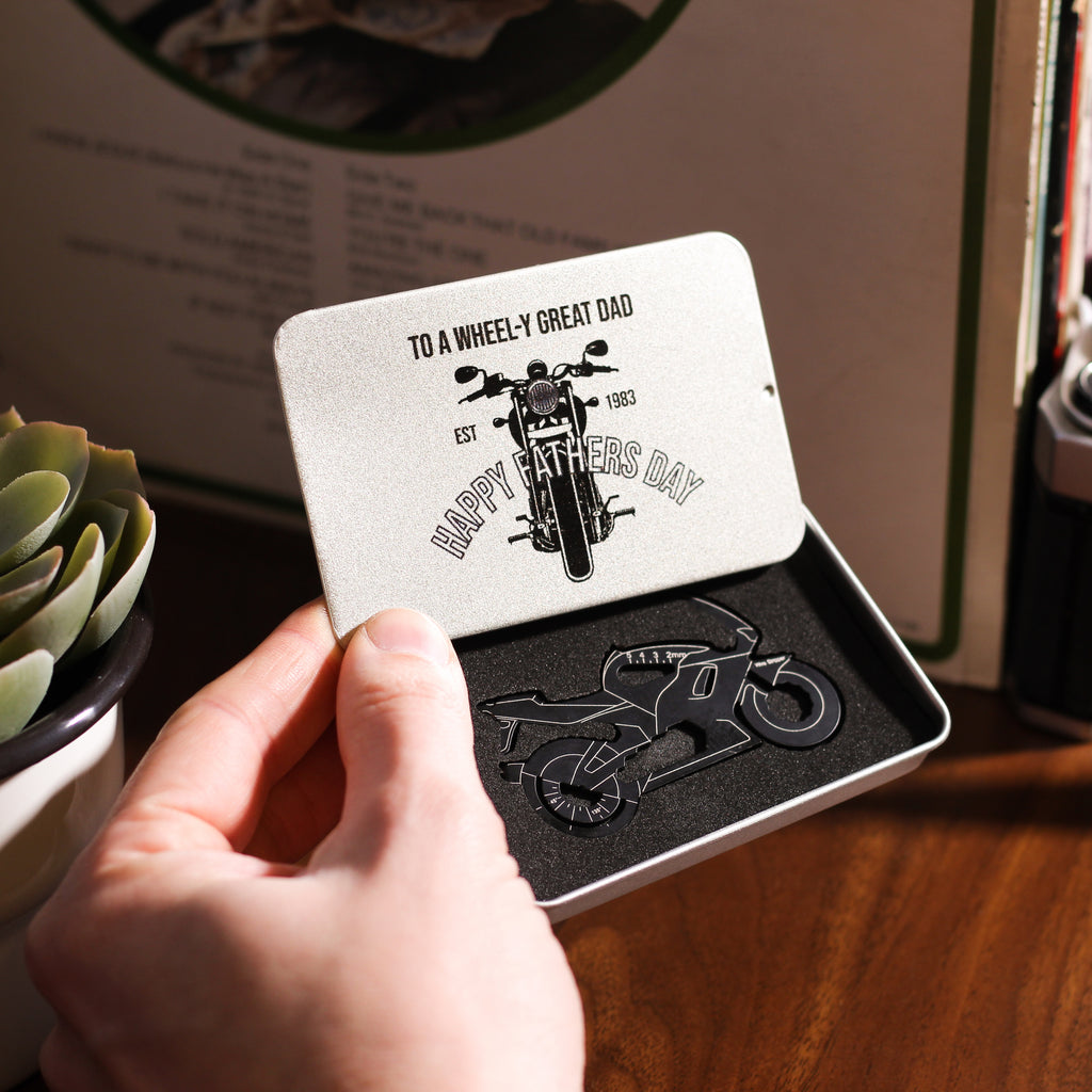 Personalised Motorbike Credit Card Tool Tin Bottle Opener Gift For Him