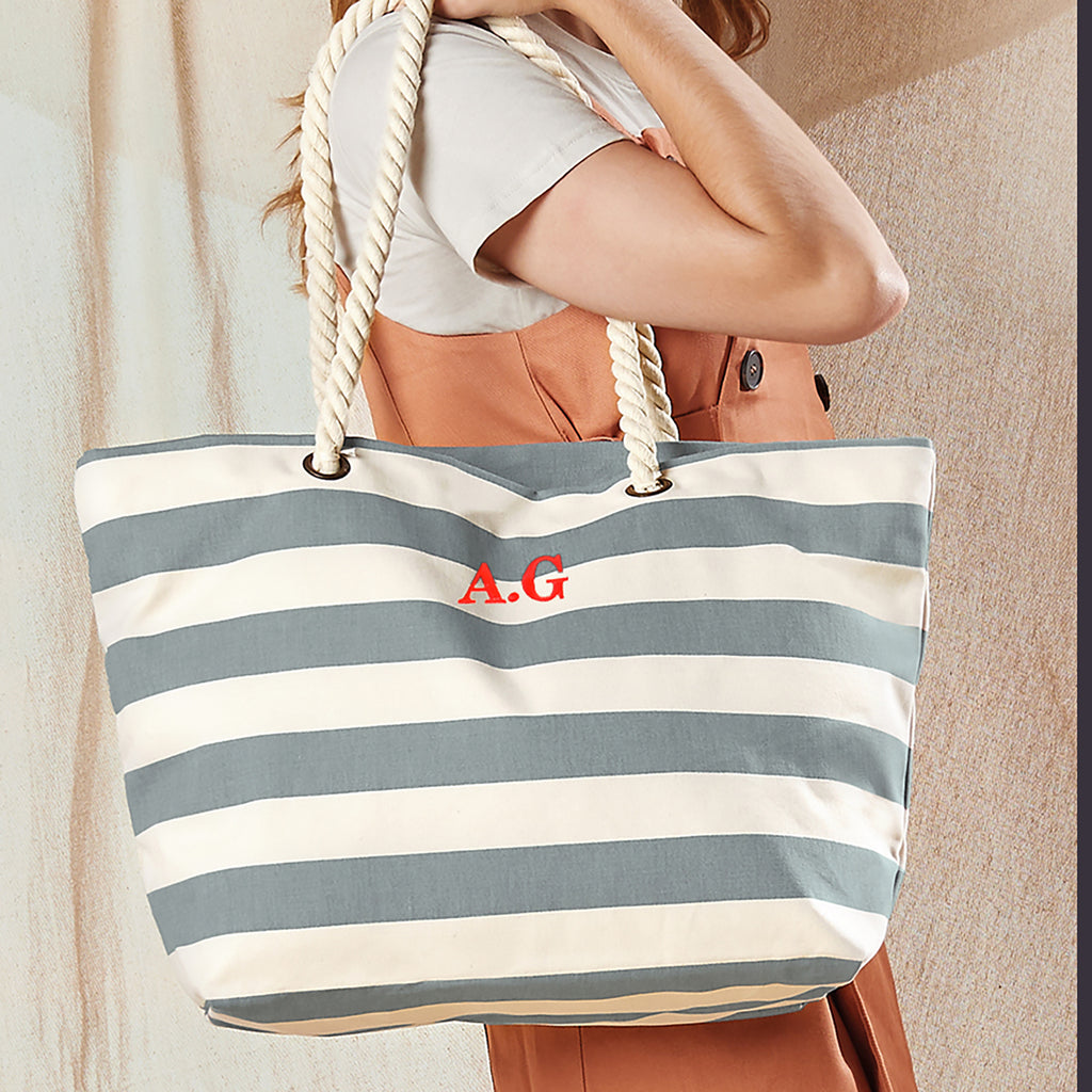 Personalised Embroidery Stripy Beach Bag With Initials