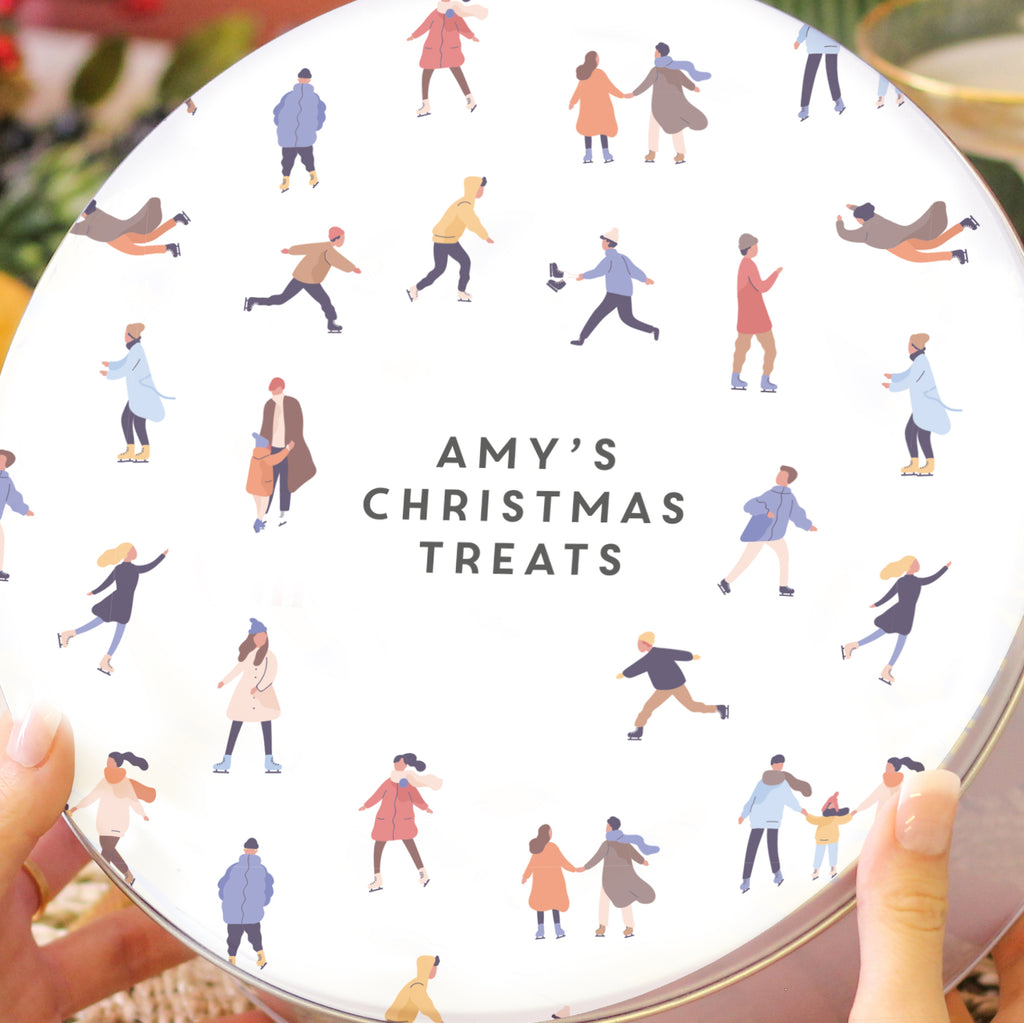 Personalised Christmas Ice Skating Pattern Cake Tin Gift For The Home