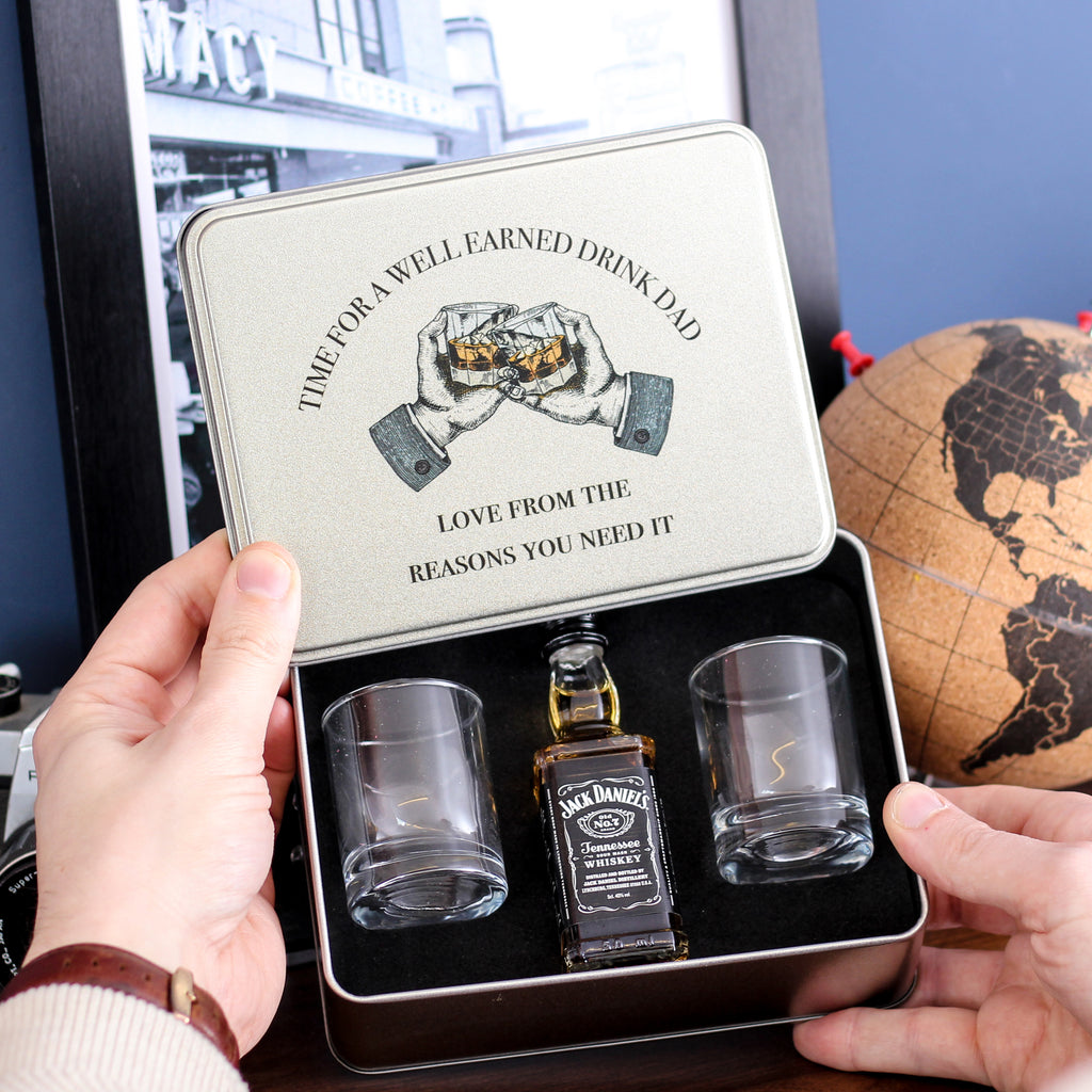 Personalised Raise A Glass Whiskey Tin Gift Set Shot Glass,