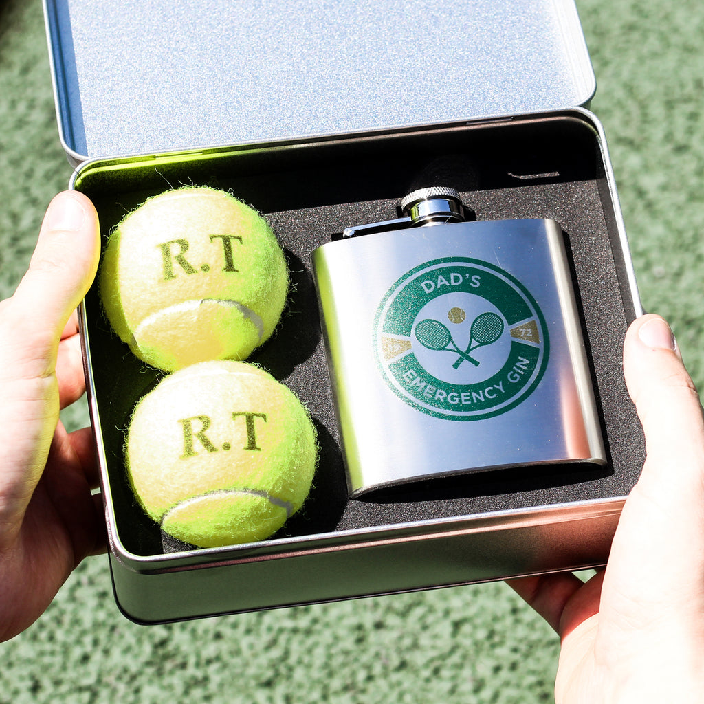 Personalised Green Tennis Hip Flask And Balls Tin