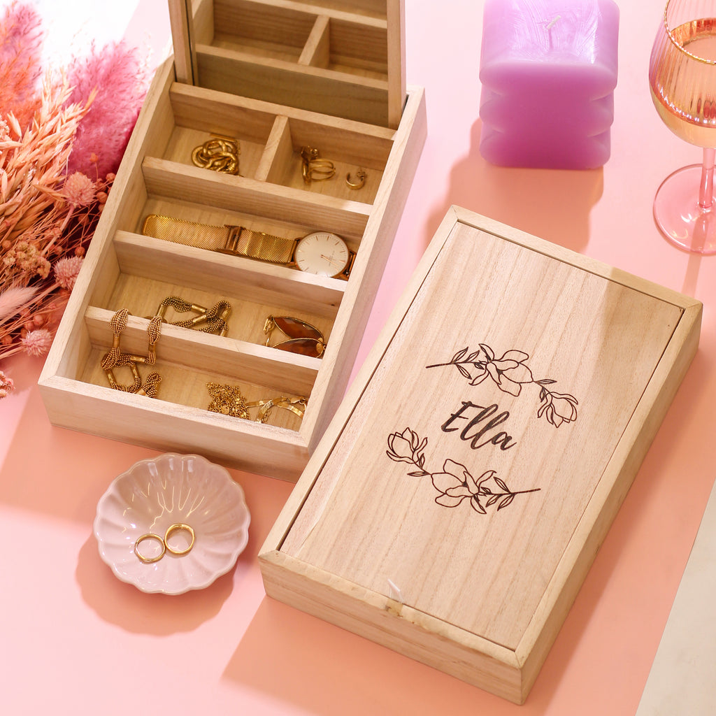 Personalised Floral Mirror Jewellery Box Travel Gift