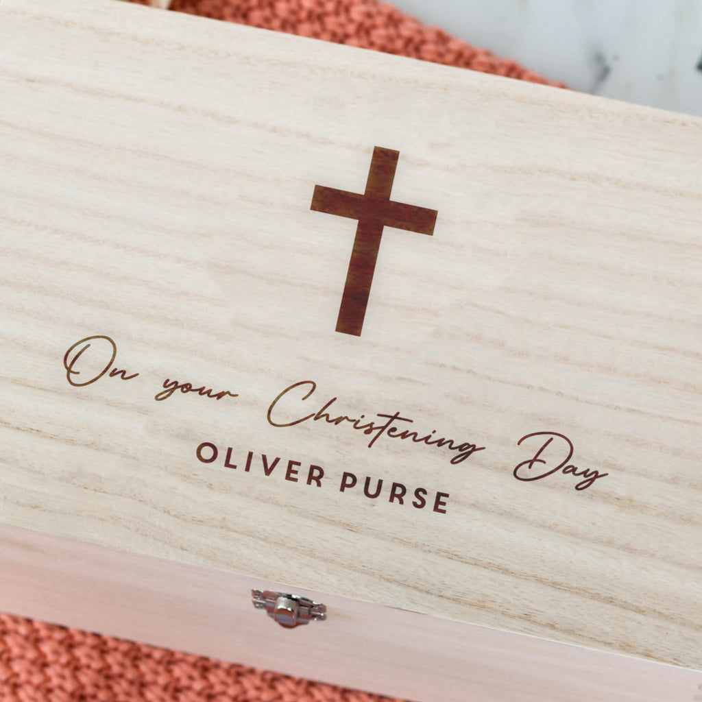 Personalised Christening Keepsake Box Gift For Baby Or Child With Engraved Cross