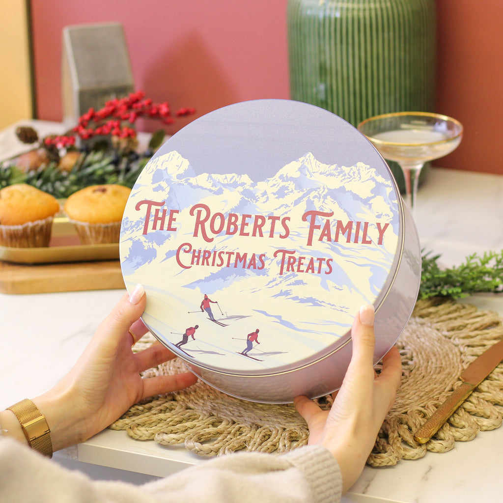 Personalised Skiing Cake Tin Gift For The Home Small And Large Bundle