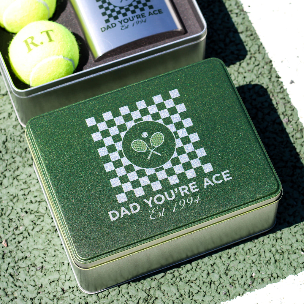 Personalised Checker Tennis Hip Flask And Balls Tin Gift For Dad