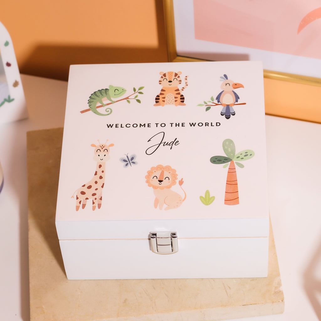 Personalised White Safari Keepsake Memory Box Gift For New Borns Birthday