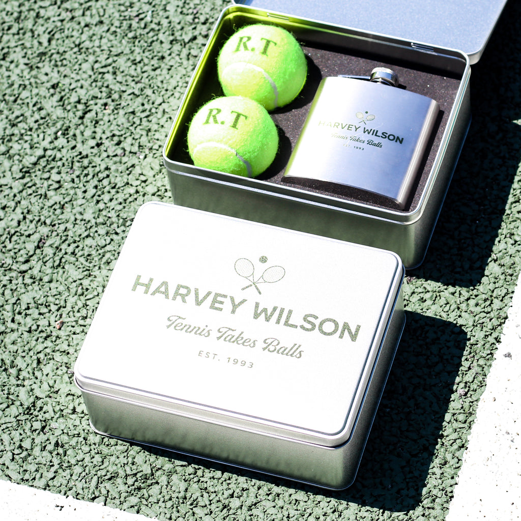 Personalised Tennis Tin With Hip Flask Gift For Him