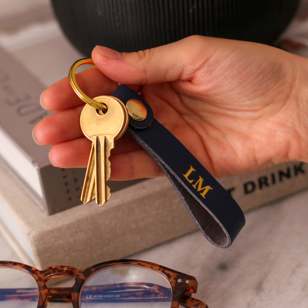 Personalised Black Leather Key Ring Housewarming Gift