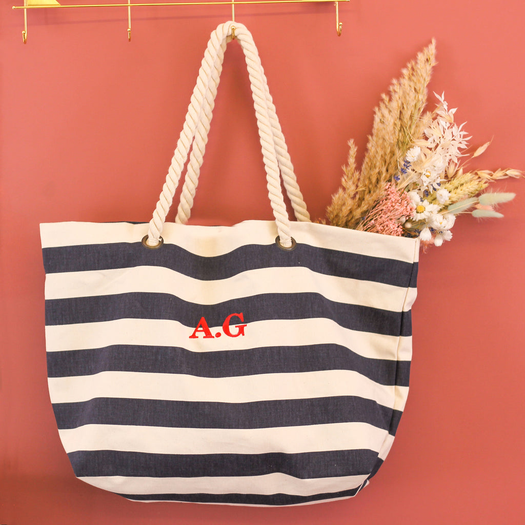 Personalised Embroidery Stripy Beach Bag With Initials