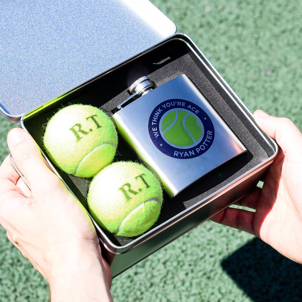 Personalised Tennis Ball Tin With Hip Flask Gift For Him