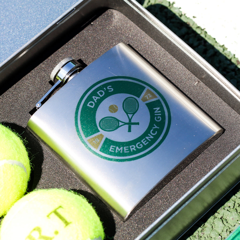 Personalised Tennis Hip Flask And Balls Tin Gift For Him