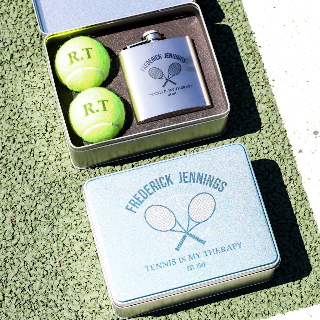 Personalised Tennis Tin Racket Hip Flask Gift Tin For Him