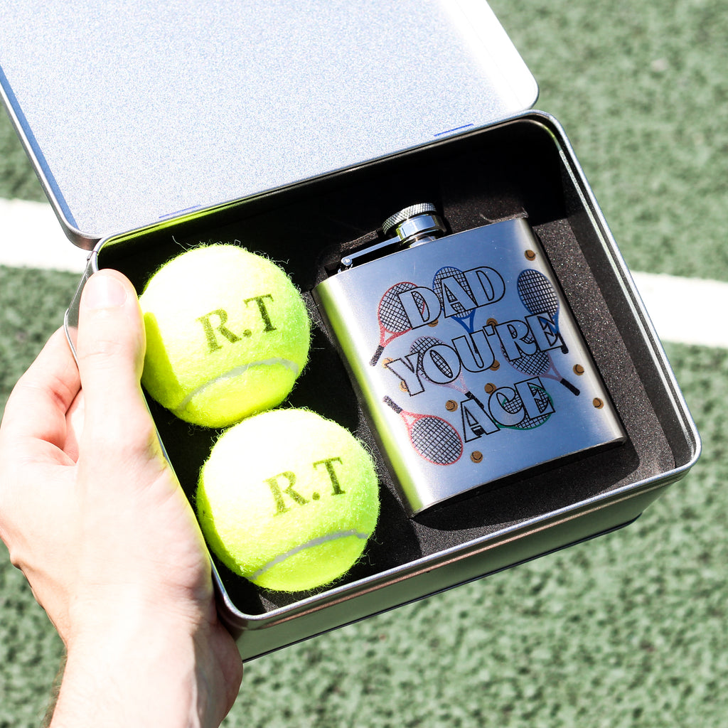 Personalised Your Ace Tennis Balls Tin And Hip Flask Gift For Dad