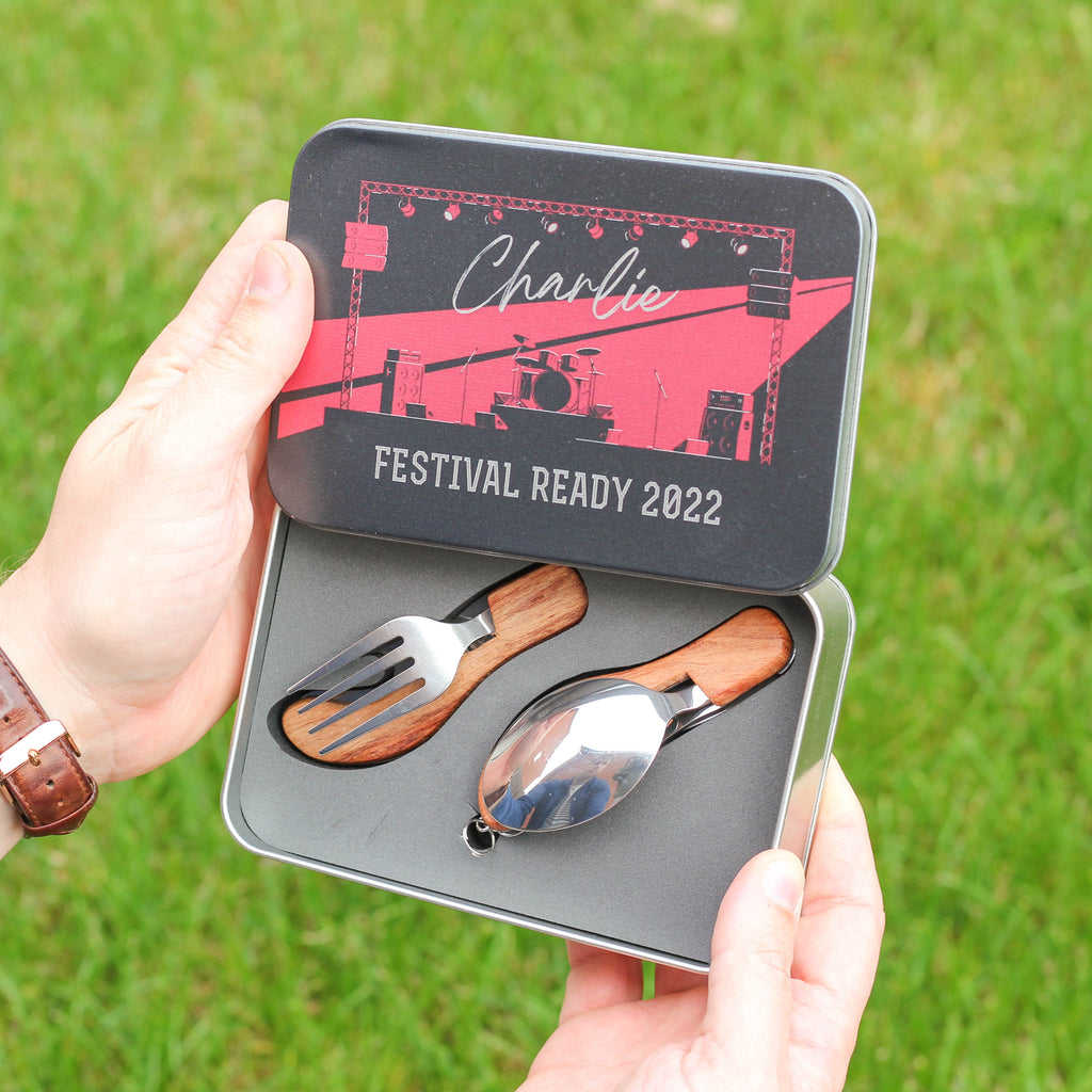 Personalised Rock Festival Cutlery Tin Travel Gift