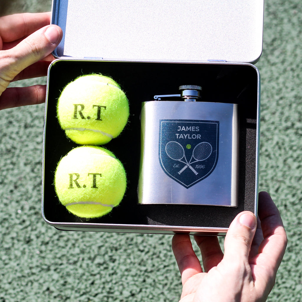 Personalised Tennis Shield Tin With Hip Flask Gift For Him