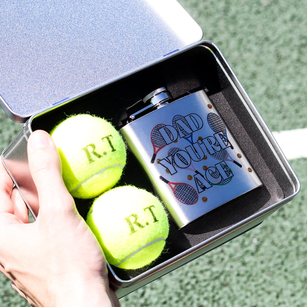 Personalised Your Ace Tennis Balls Tin And Hip Flask Gift For Dad