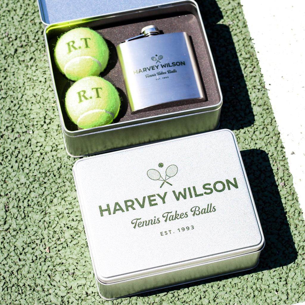 Personalised Tennis Tin With Hip Flask Gift For Him