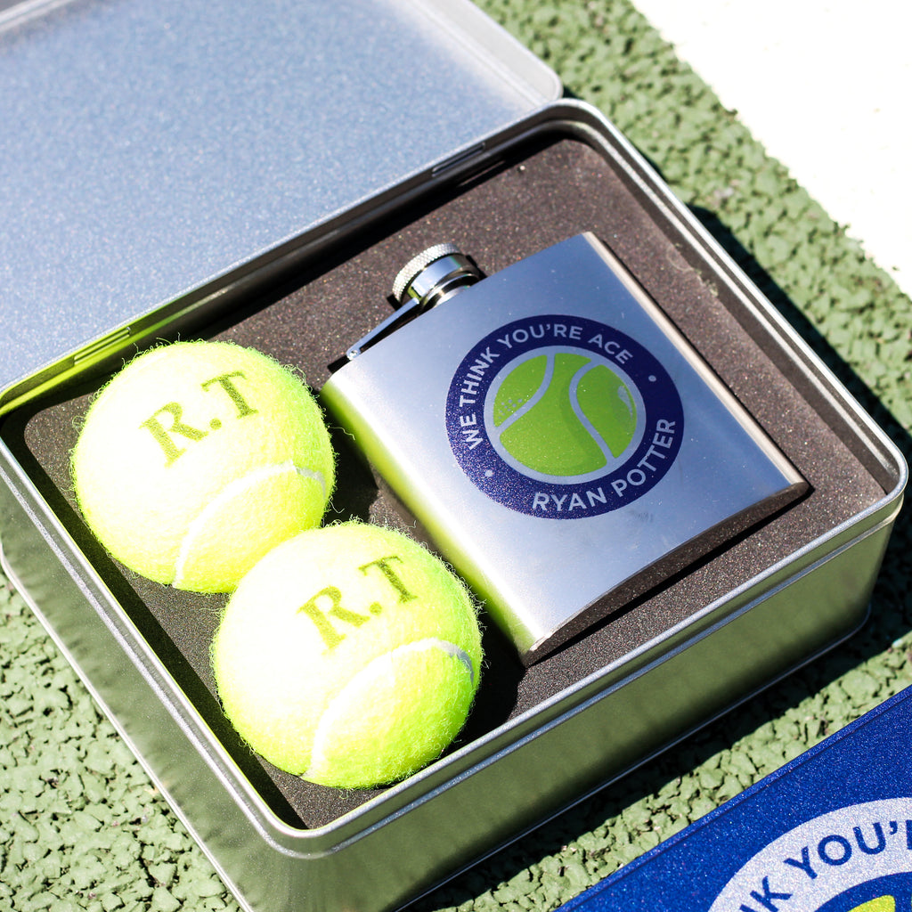 Personalised Tennis Ball Tin With Hip Flask Gift For Him