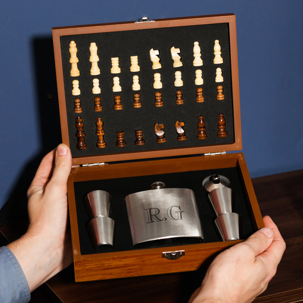 Personalised Chess And Hip Flask Trave Gift Set For Him Whiskey Present