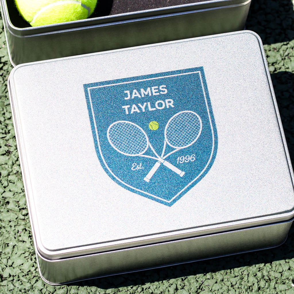 Personalised Tennis Shield Tin With Hip Flask Gift For Him