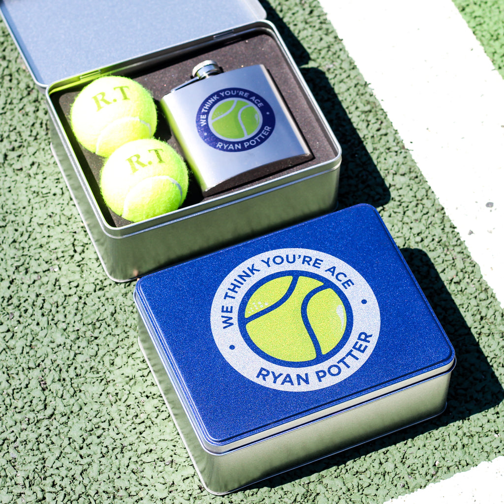 Personalised Tennis Ball Tin With Hip Flask Gift For Him