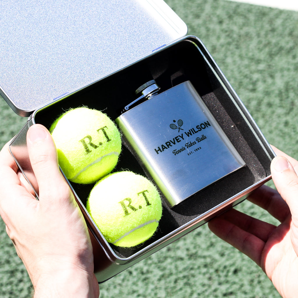 Personalised Tennis Tin With Hip Flask Gift For Him