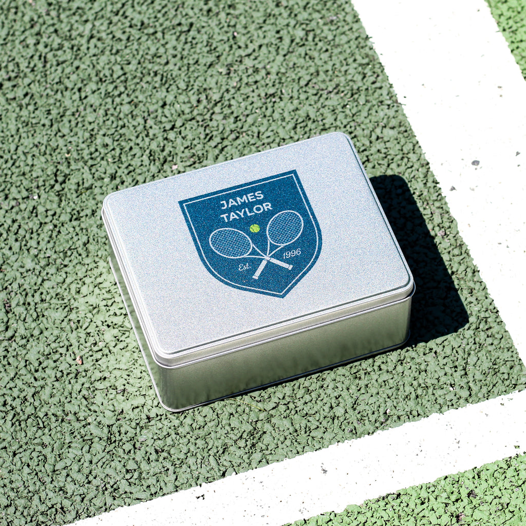 Personalised Tennis Shield Tin With Hip Flask Gift For Him