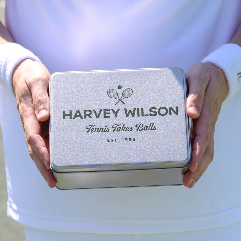 Personalised Tennis Tin With Hip Flask Gift For Him