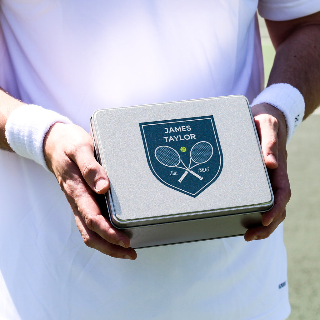 Personalised Tennis Shield Tin With Hip Flask Gift For Him