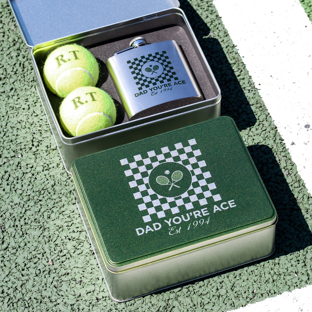 Personalised Checker Tennis Hip Flask And Balls Tin Gift For Dad