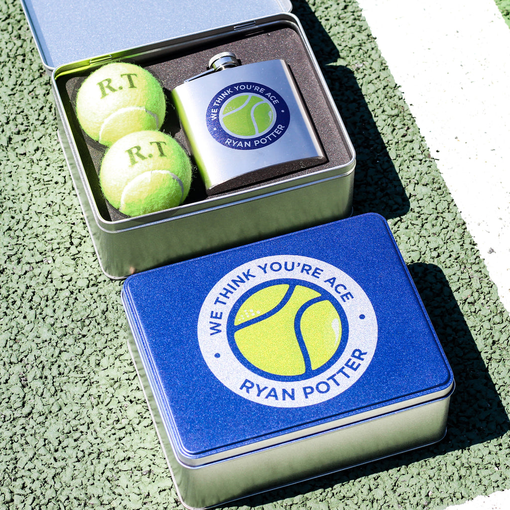 Personalised Tennis Ball Tin With Hip Flask Gift For Him