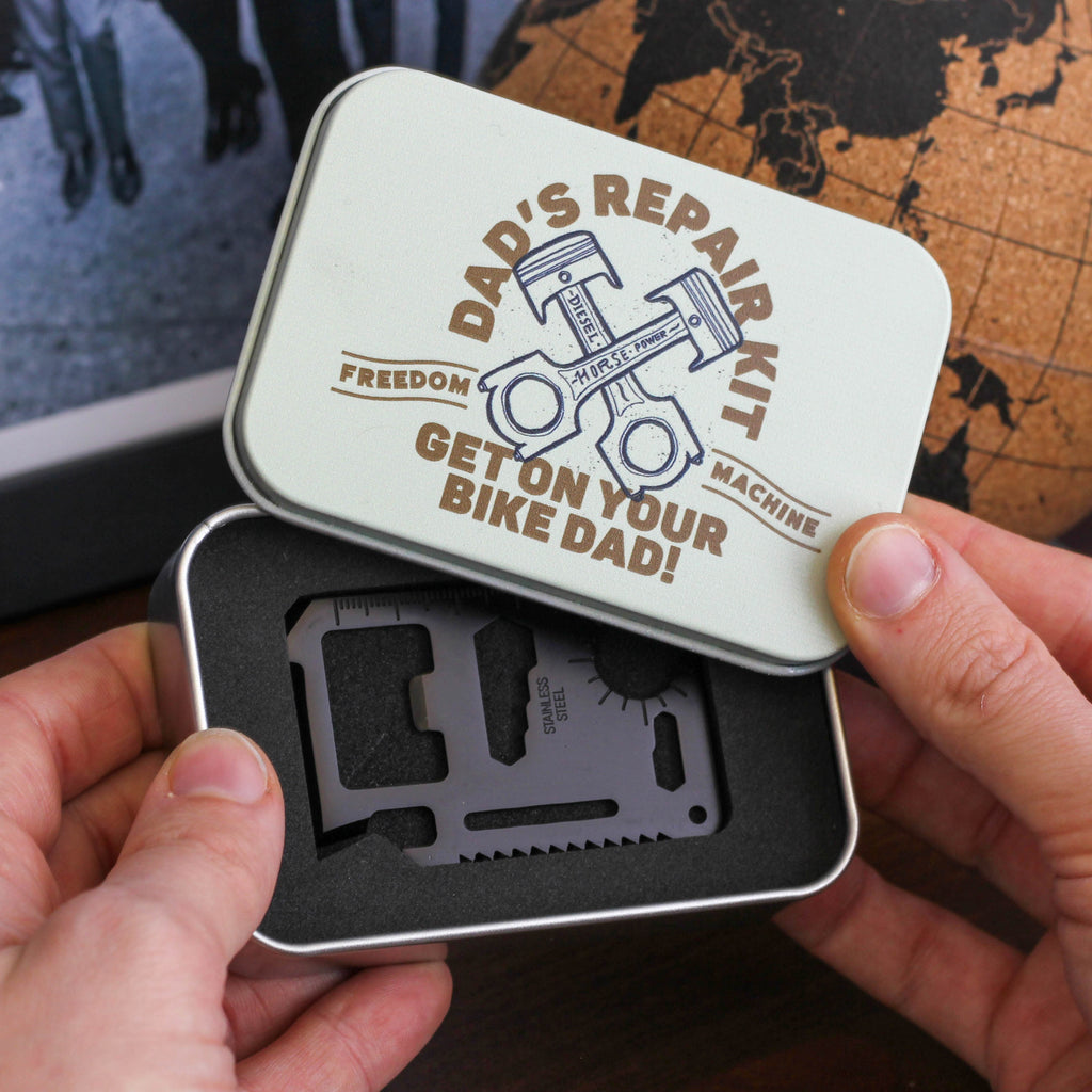 Personalised Bike Piston Credit Card Tool Gift Tin Set For Him