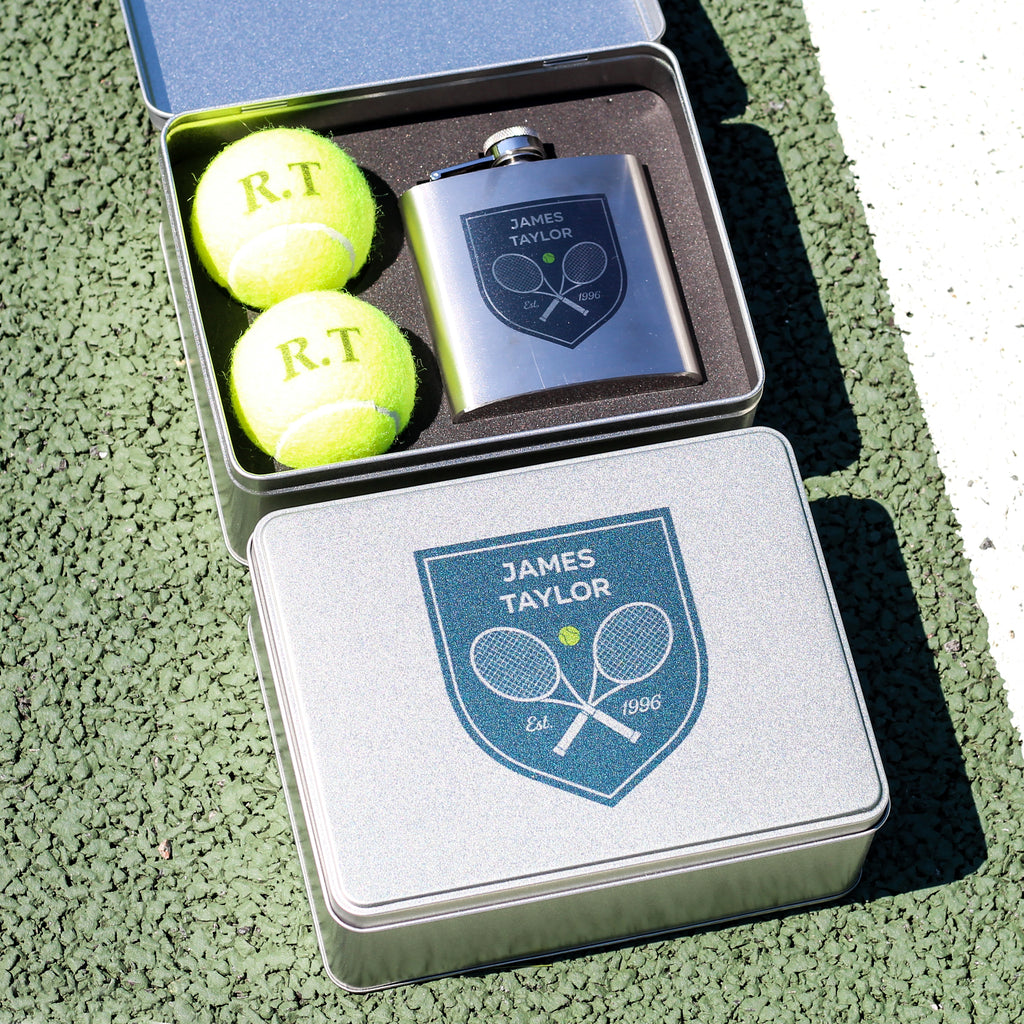 Personalised Tennis Shield Tin With Hip Flask Gift For Him