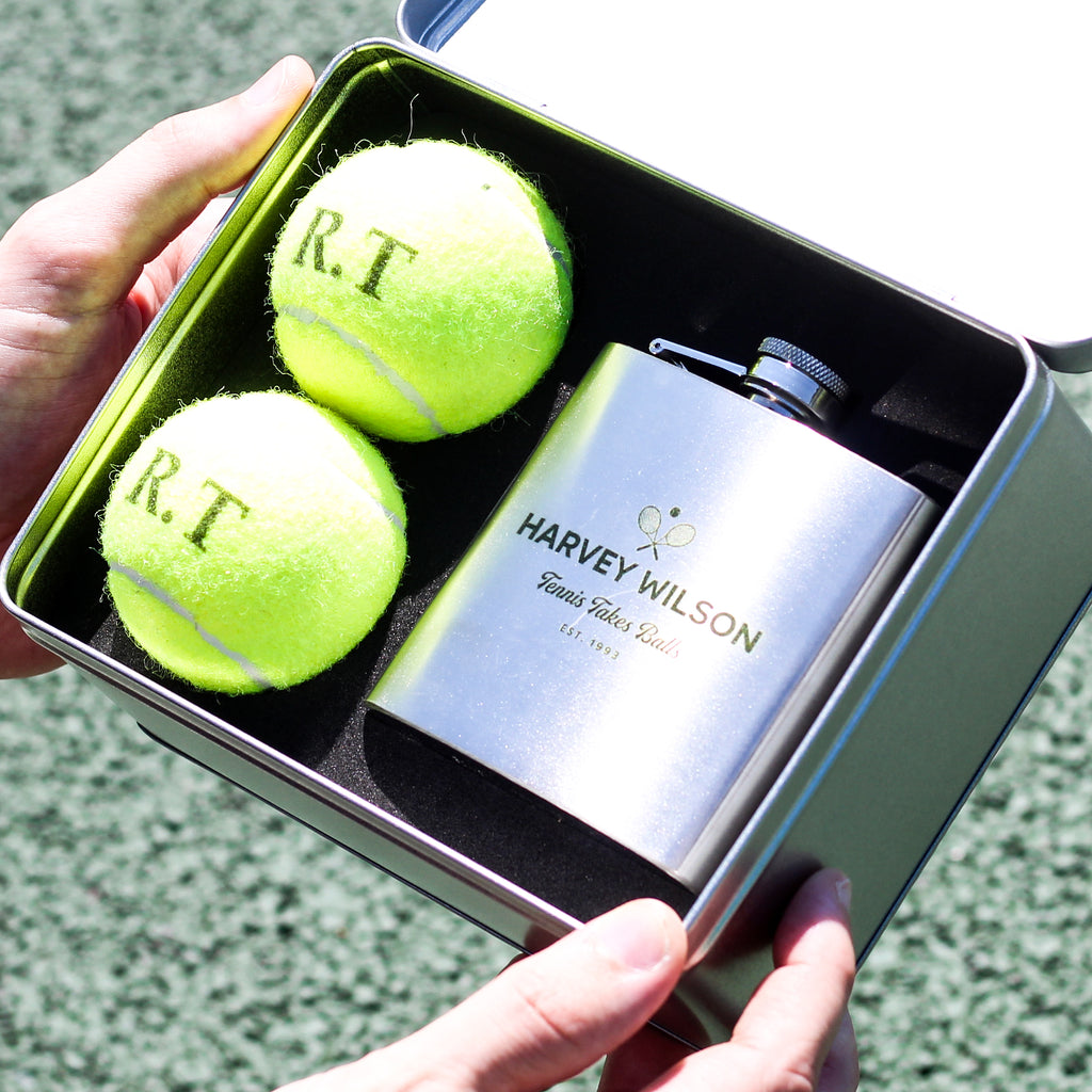 Personalised Tennis Tin With Hip Flask Gift For Him