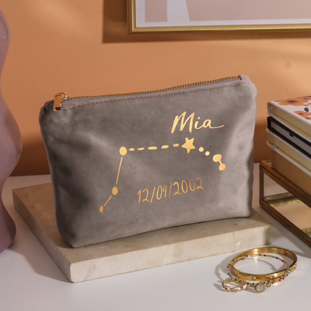 Personalised Velvet Star Sign Make Up Travel Bag For Her